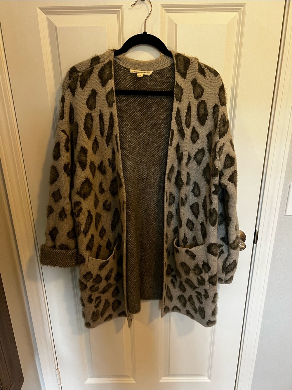 lovestitch Taupe and Olive Leopard Open-Front Cardigan